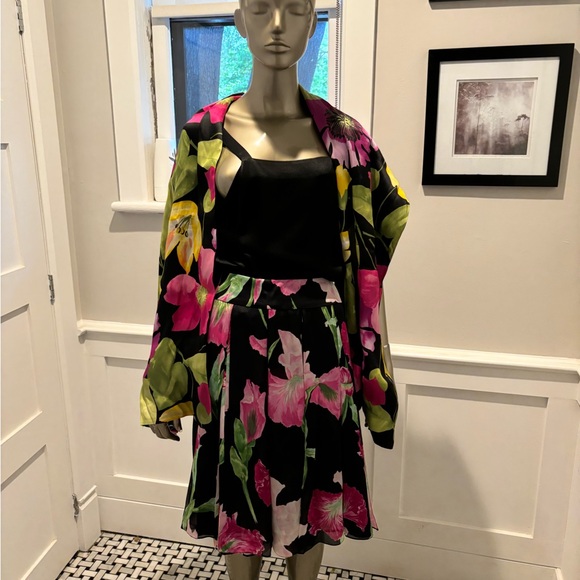 Carmen Marc Valvo 100% Silk Elegant Layered Flowy Black Top Floral Skirt 8 30” - Picture 12 of 16
